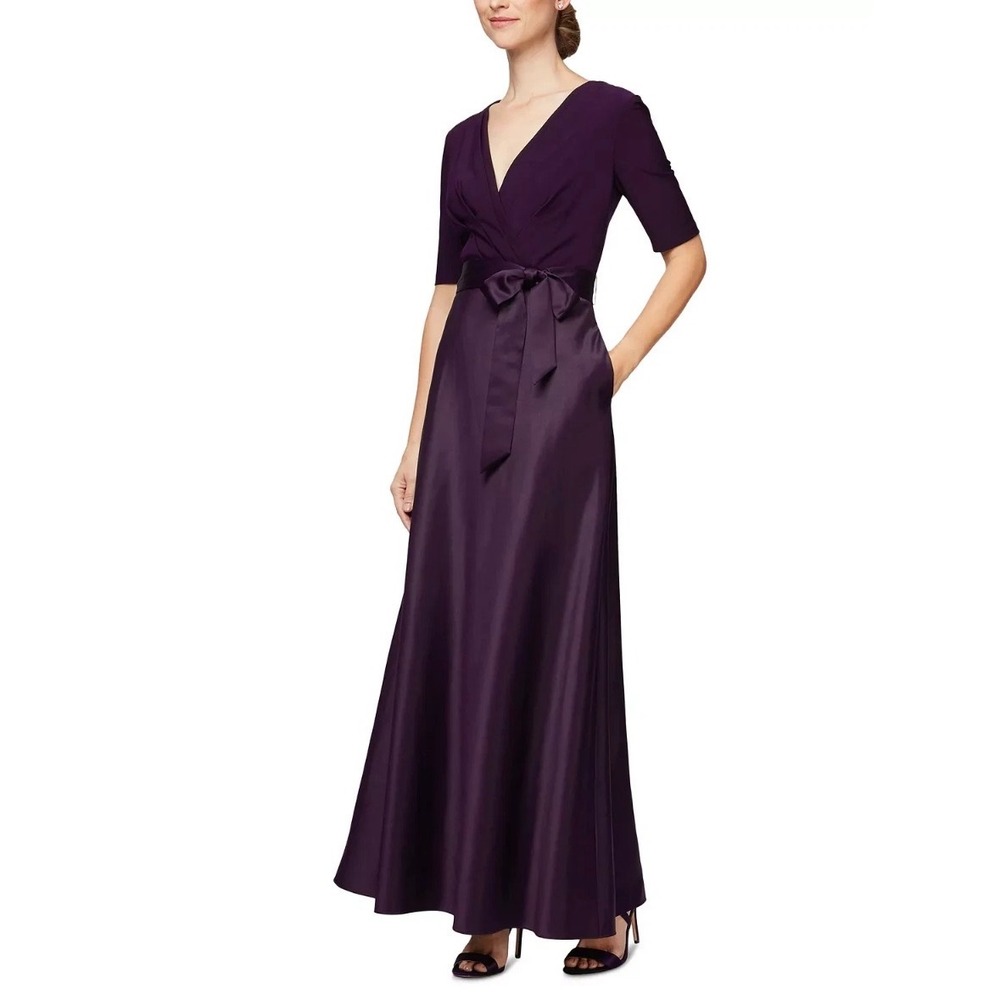 Alex Evenings Purple Satin A-Line Gown V-Neck Elbow Sleeve Formal Dress 8